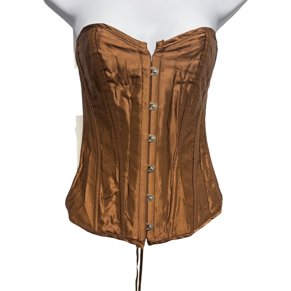 Bronze Brown Satin Boned Corset Top Sweetheart Neckline Lace Up Back Strapless